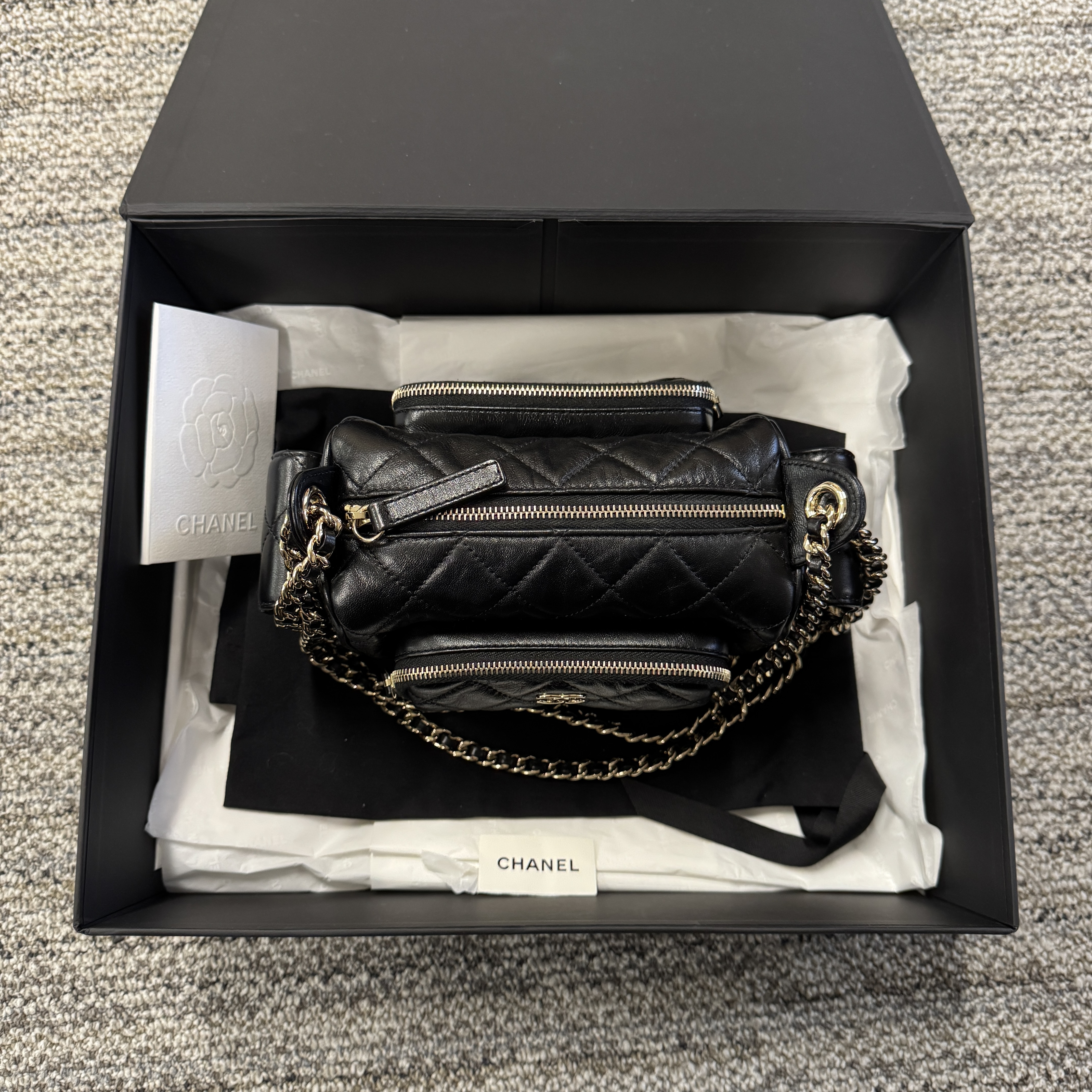 CHANEL  Preppy Pocket Camera Bag Shiny Crumpled Black Lambskin LGHW